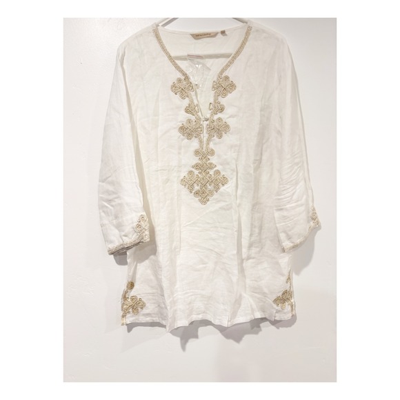 Soft Surroundings Tops - Soft Surroundings White Linen Gold Embroidered Tunic Top 3/4‎ Sleeve